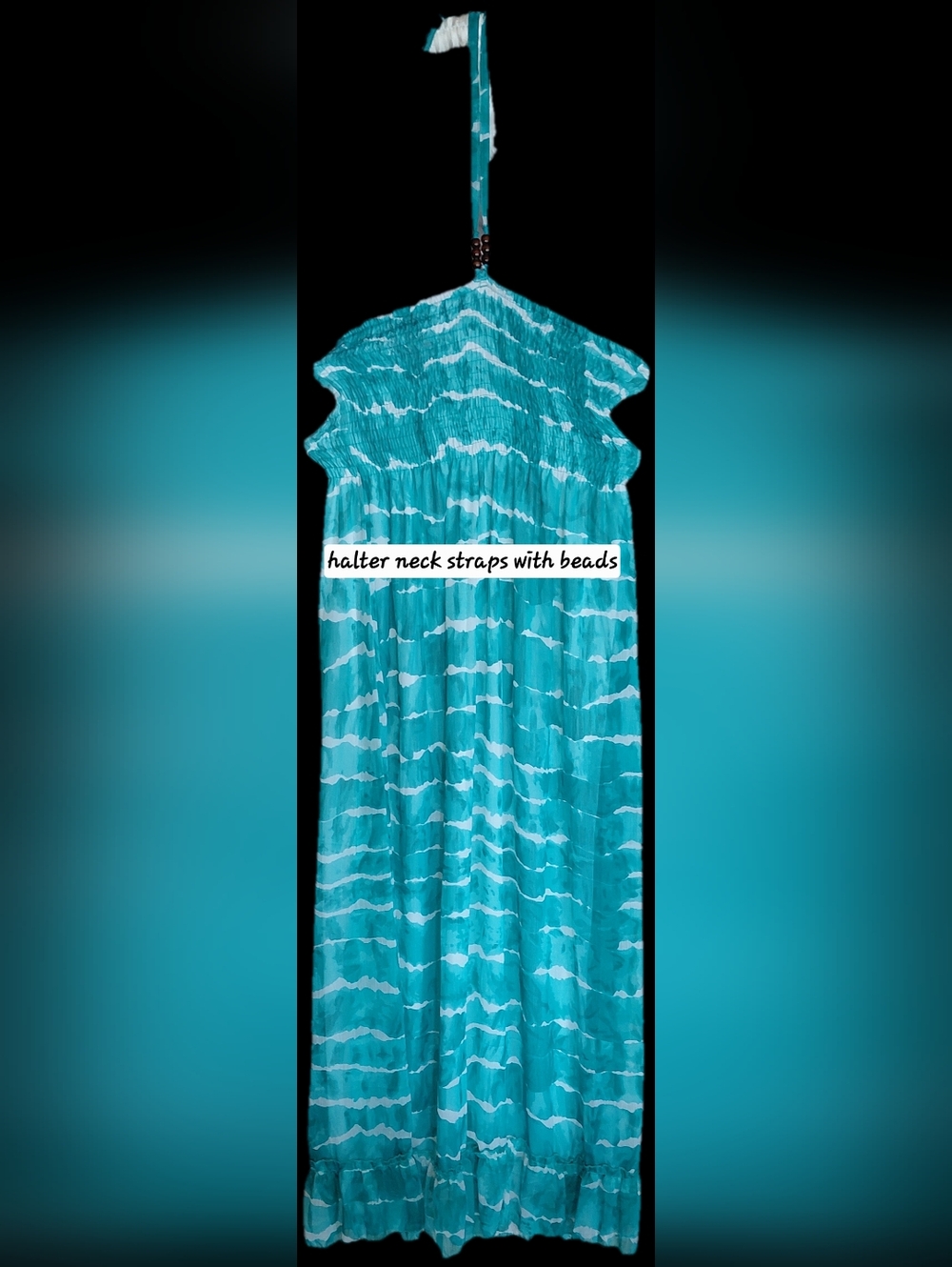 NWT India Boutique Teal and White Fully Lined Maxi Dress Beaded Halter-one Size